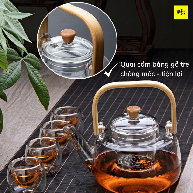 Ấm trà, ấm trà thủy tinh chịu nhiệt cao cấp có lõi lọc thủy tinh và quai cầm bằng tre chống mốc dung tích 900ml