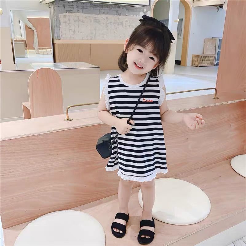 Đầm thun không tay kẻ sọc thiết kế mới thời trang mùa hè theo phong cách hàn quốc cho bé gái