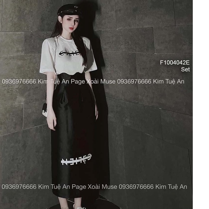 Set áo thun trắng in chữ tay con phối chân váy đen bút chì dáng dài!