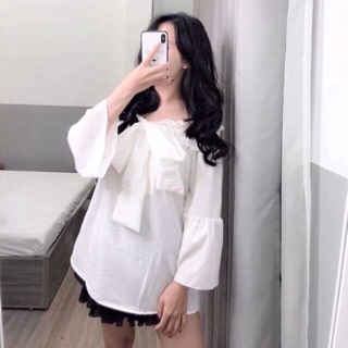 [HÌNH_THẬT_CUỐI]Áo trễ vai tay loe cột nơ sau lưng
