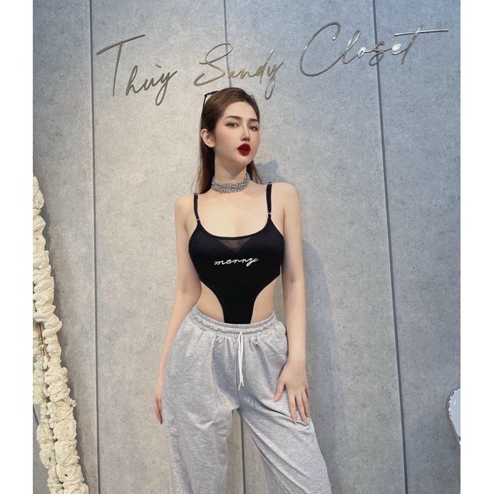 Bodysuit 2 dây khoét eo cao Áo bodysuit khoét eo, áo liền thân 2 dây ôm body thêu chữ Marry hack eo chất