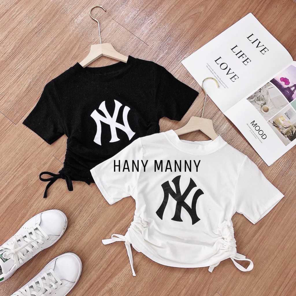 Áo thun lụa croptop rút dây 2 bên in chữ Ny sang chảnh