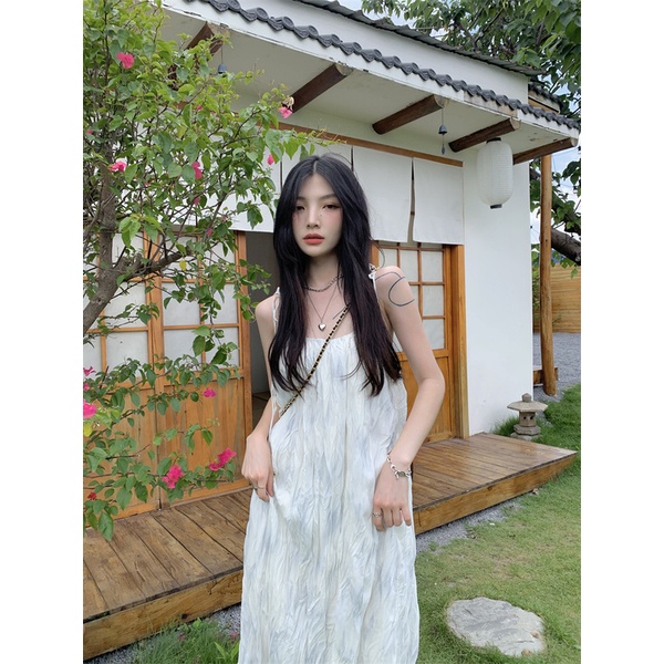 Đầm đi biển 2 dây không tay phong cách Pháp thời trang mùa hè dành cho nữ