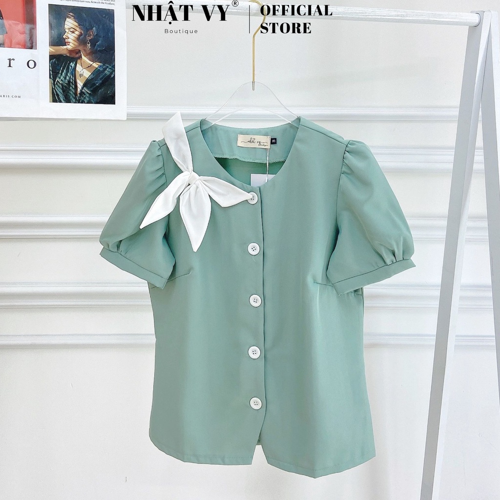 Áo công sở nữ Nhật Vy tay ngắn phồng cổ tròn cài nút phối nơ dáng ôm phù hợp đi chơi - D2512
