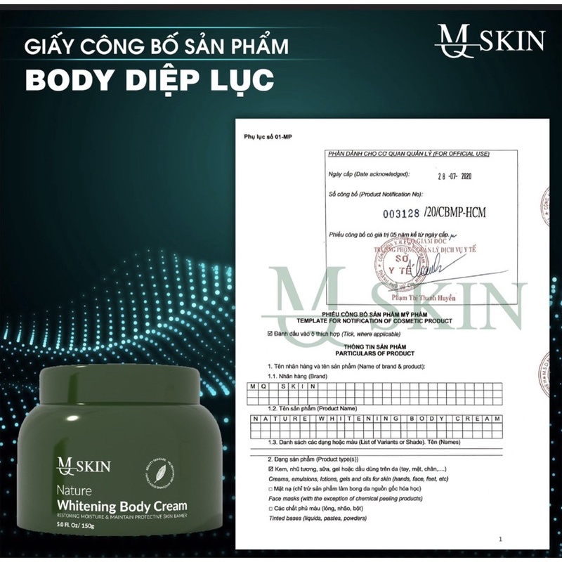 Kem Dưỡng Trắng Da Body Diệp Lục, Nature Whitening Body Cream 150gr - MQ Skin chính hãng