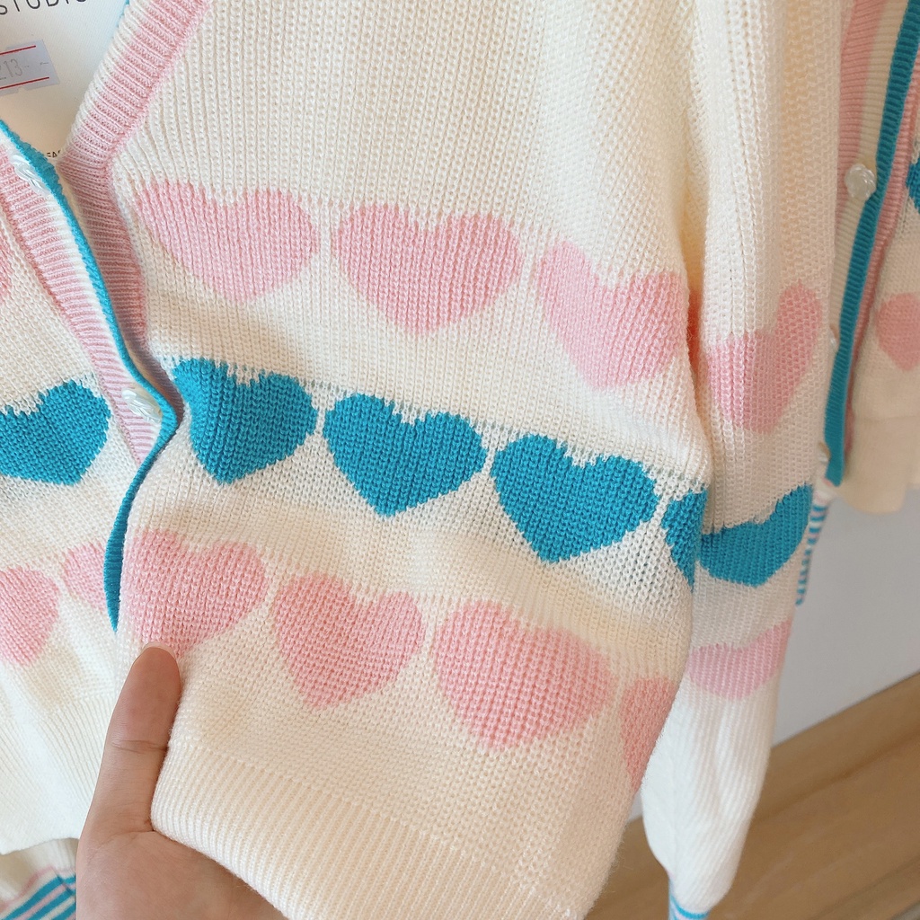 Áo Khoác Cardigan Dệt Kim Tay Dài In Hình Trái Tim Phong Cách Hàn Quốc Thời Trang