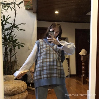 Korean fashion classic plaid loose wool waistcoat for women