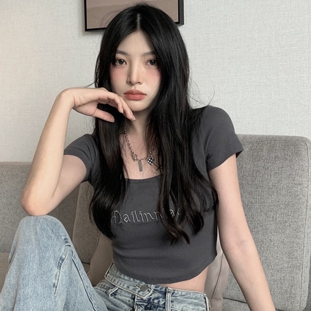 QKOOLE Áo thun croptop tay ngắn cổ vuông phong cách cổ điển Hàn Quốc cho nữ