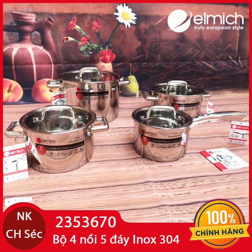 Bộ 4 nồi Inox 304 cao cấp 5 đáy Elmich nắp kính 2353670 nhập khẩu CH Séc - Bảo hành chính hãng 5 năm