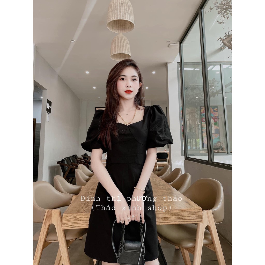 Váy nữ dáng ngắn cổ vuông tay bồng đen dáng xòe tiểu thư siêu hàn quốc | BigBuy360 - bigbuy360.vn