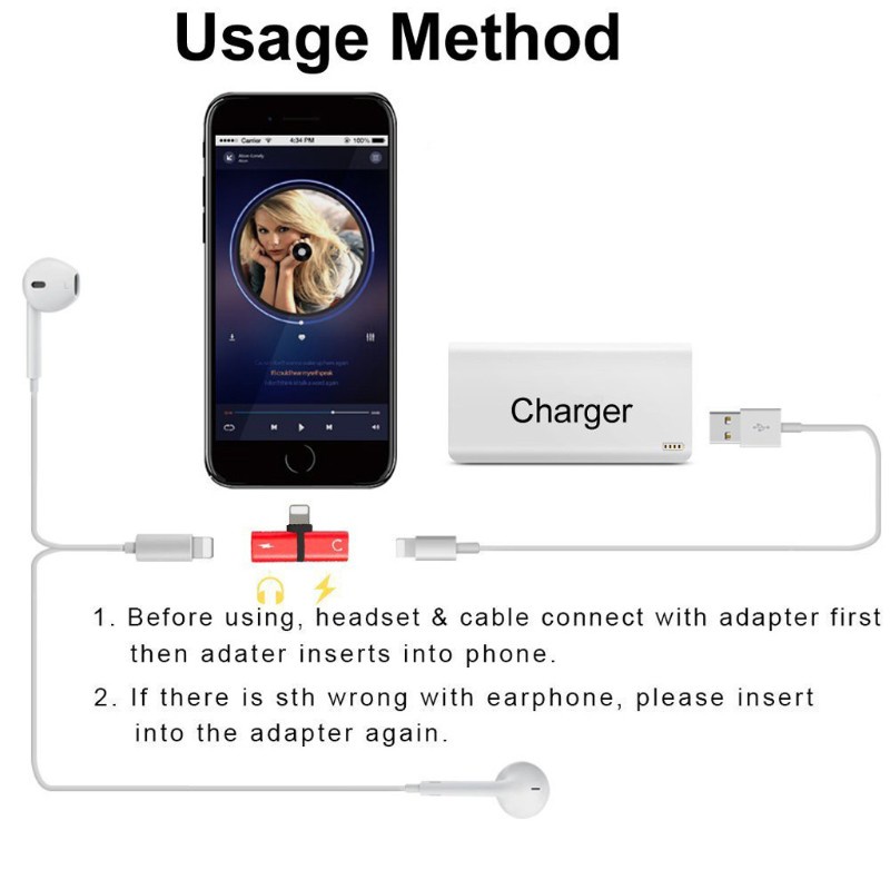 Đầu Chuyển Đổi Cổng Sạc Và Tai Nghe Hai Cổng Lightning Cho Iphone 7 8 X Plus Ios 10.3-11