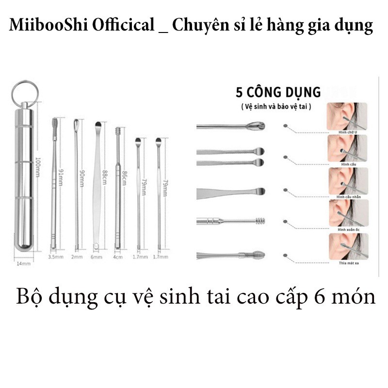 Bộ dụng cụ vệ sinh tai ngoáy tai đồ lấy ráy tai 6 món Cao Cấp bằng thép không gỉ MiibooShi 5791770747