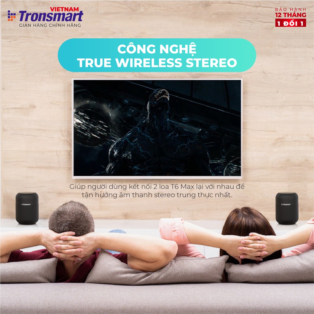 Loa Bluetooth 5.0 Tronsmart Element T6 Max TM-365144 - Công suất 60W Hỗ trợ TWS và NFC ghép đôi 2 loa - Hàng chính hãng