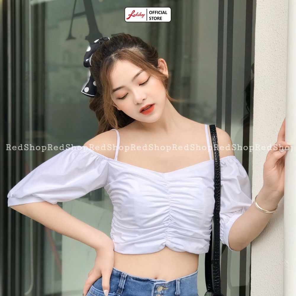 Áo Sơ Mi Croptop Trễ Vai Dây Vải Thô Chun Màu Trắng REDSHOP