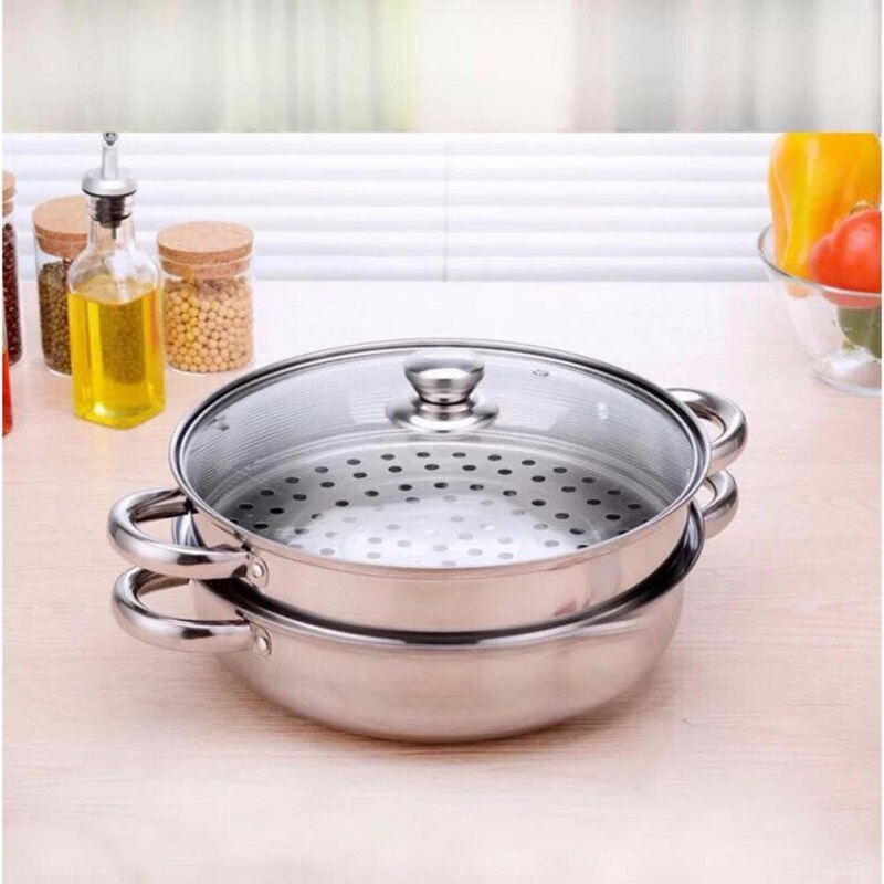 Nồi Hấp 2 Tầng Chất Liệu Inox Đường Kính 28cm Có Năp Đậy Bằng Kính Chịu Nhiệt An Toàn, Sạch Sẽ