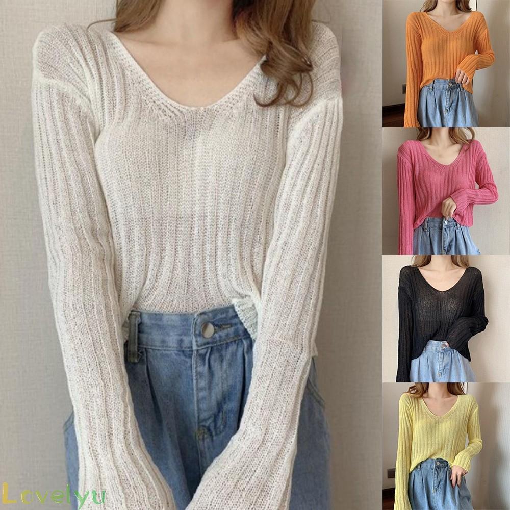 Áo dệt kim tay dài cổ chữ V trễ vai màu trơn 100% hàng mới chất lượng cao