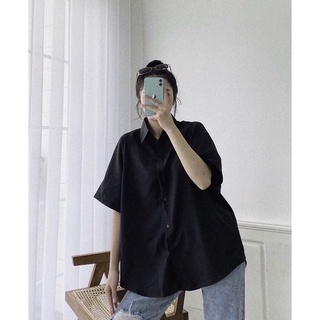 Áo sơ mi đen/trắng tay lỡ 1 túi Unisex form thụng