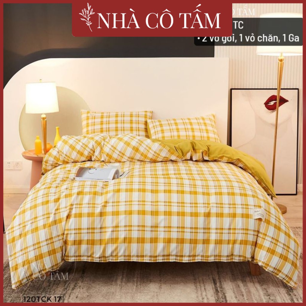 Bộ Chăn Ga Kẻ Giá Cực Rẻ Cotton Tici Cao Cấp Hàn Quốc Vàng Tươi Siêu Xinh Nhà Cô Tấm (Có Hình Ảnh Thật)