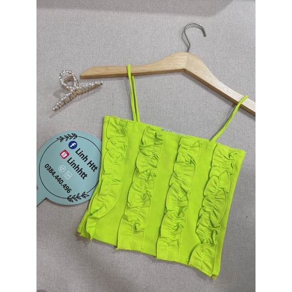 | Loại 1| Áo 2 dây gân ôm body croptop phối bèo áo dây dáng ngắn co dãn basic