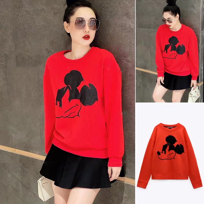 Áo nỉ dài tay màu đỏ hoạ tiết mickey