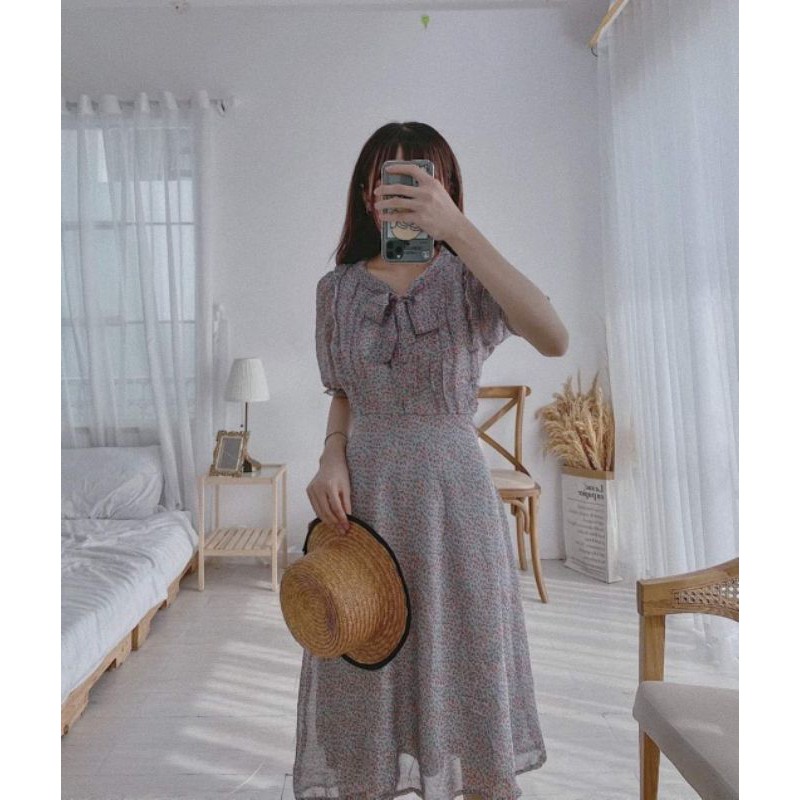 đầm hoa nhí midi nơ cổ, tay viền bèo