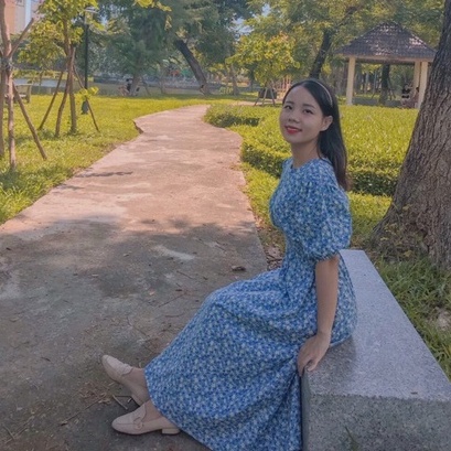 Váy hoa chun eo tay phồng, đầm hoa nhí vitage ảnh thật khách mặc