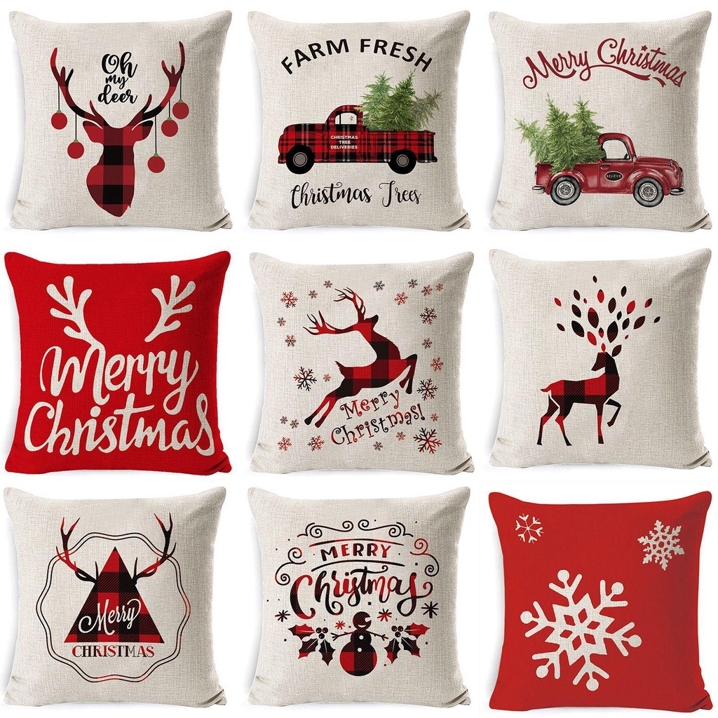Vỏ Gối Sofa Vải Lanh Cotton Họa Tiết Giáng Sinh