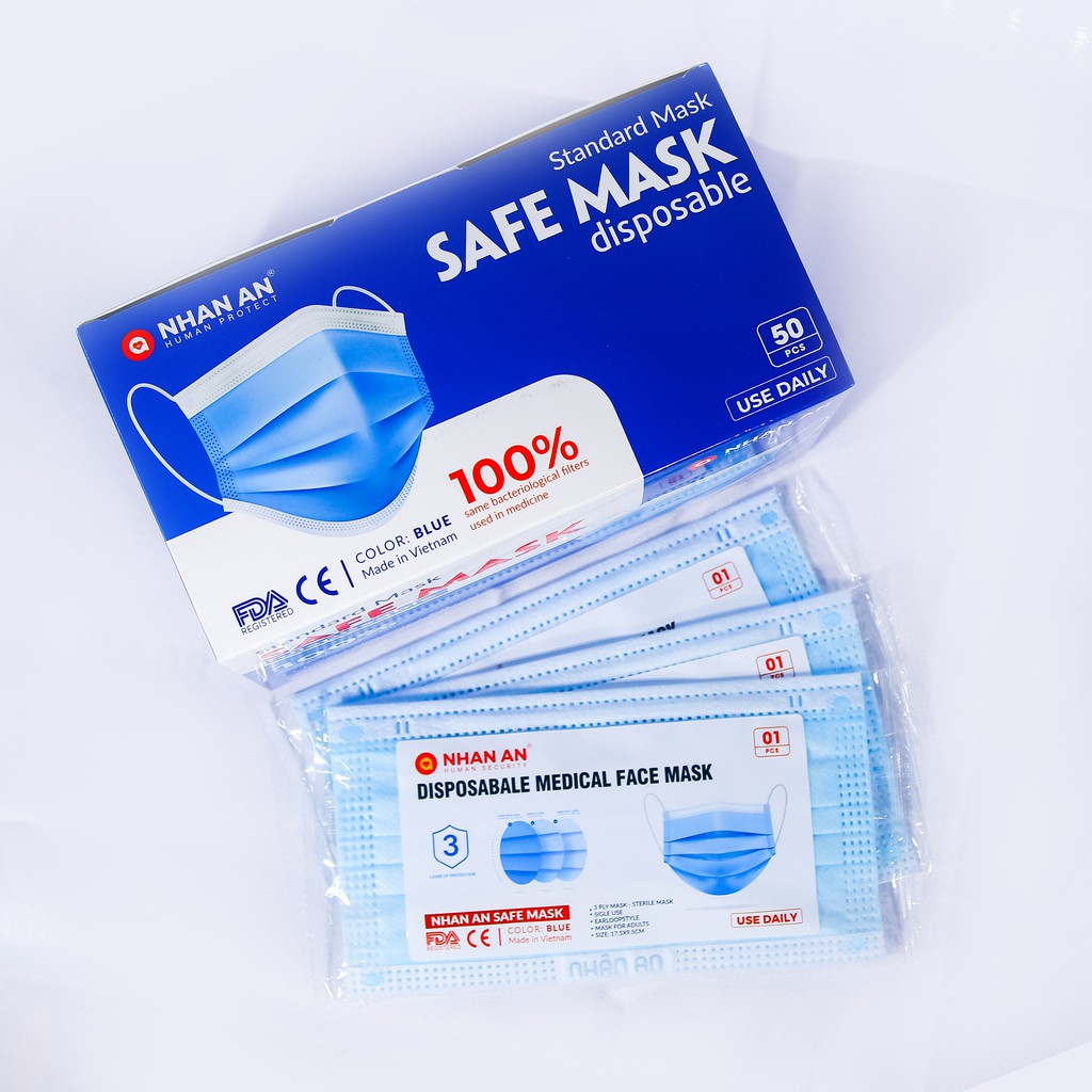 SAFE MASK NHÂN AN - Khẩu Trang Y Tế Kháng Khuẩn 4 Lớp Xuất Khẩu (Hộp 50 Chiếc)