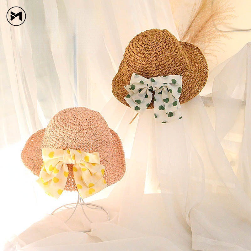 Mũ Cói Chống Nắng Vành Rộng Gấp Gọn Đính Nơ Mới Cho Bé Gái