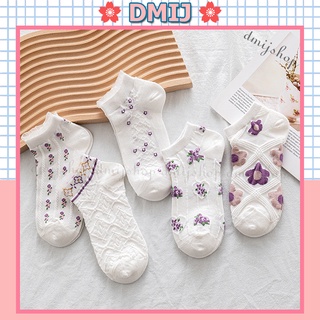 Set 5 đôi tất nữ cổ thấp nhiều màu họa tiết hoa trắng tím T17