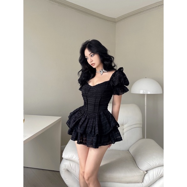Đầm Xoè 2 Tầng Tay Phồng Công Chúa Trắng Đen - Amelie