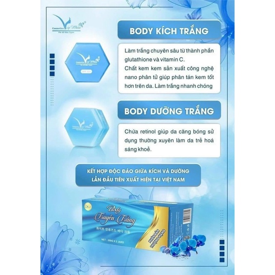 Combo Kem Body Truyền Trắng Vip White Hàn Quốc tặng 1 gói tẩy tế bào chết trái cây bộ đôi dưỡng da siêu trắng