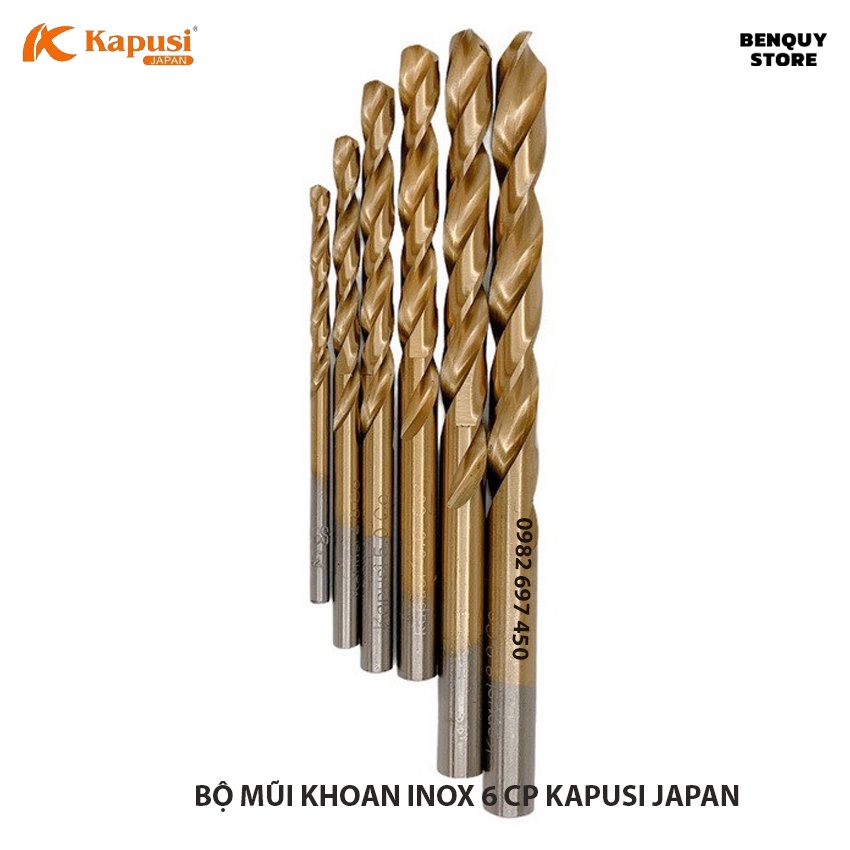 BỘ 6 MŨI KHOAN INOX KAPUSI JAPAN KÍCH THƯỚC TỪ 3 - 8MM, CHUYÊN KHOAN KIM LOẠI - SẮT - THÉP, HÀNG CAO CẤP TIÊU CHUẨN NHẬT