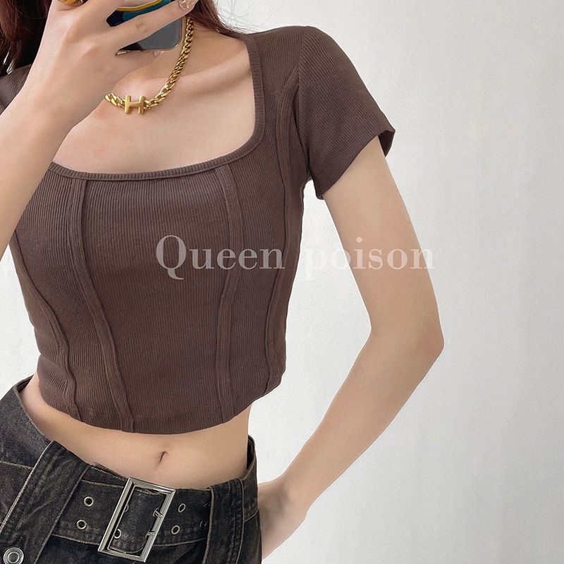 Áo Thun Tay Ngắn Cổ Vuông Thiết Kế Mỏng Thời Trang Theo Phong Cách Vintage