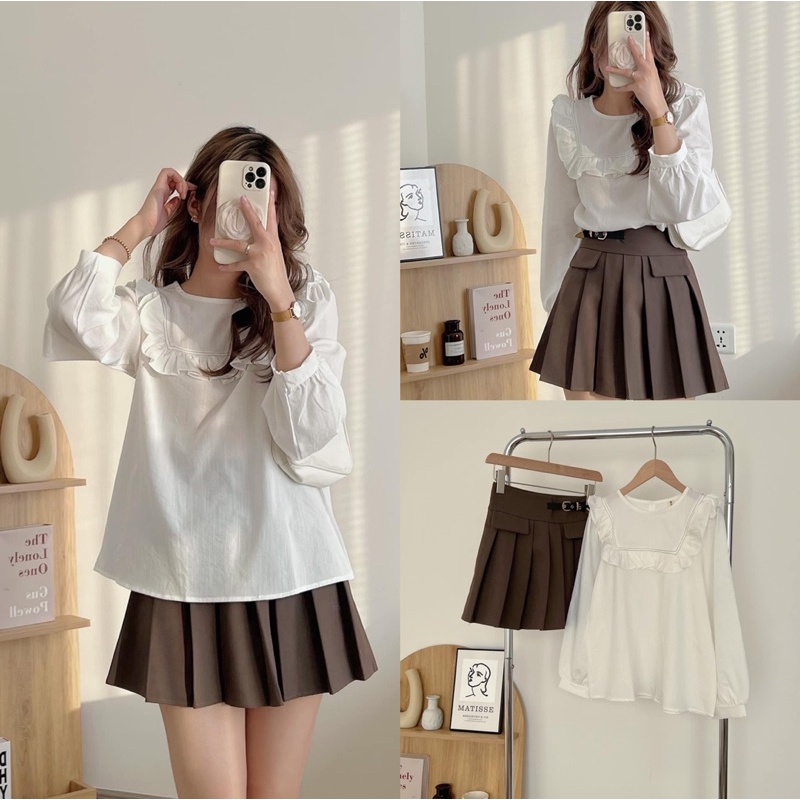 [Ảnh thật/Sẵn]Áo sơmi Ulzzang cổ tròn tay bo viền bèo ngực