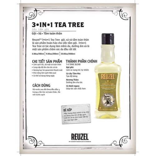 GỘI XẢ TẮM 3 TRONG 1 REUZEL 3-in-1 Tea Tree 100ML - 350ML - 1000ML