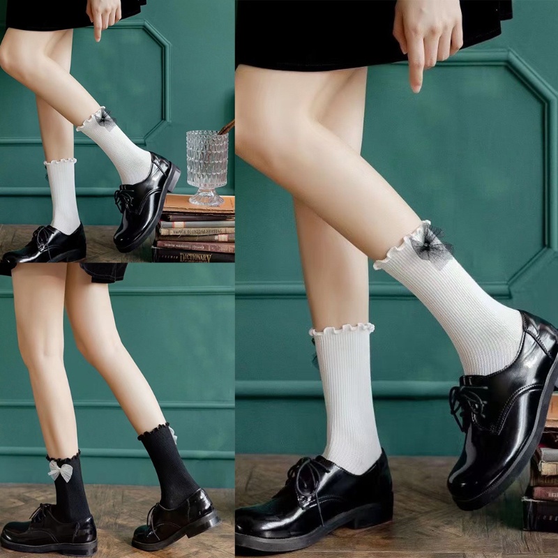 Youyo Vớ Cổ Thuyền Đính Kim Sa Lấp Lánh Viền Bèo Viền Gân Màu Trắng Đen Phong Cách Harajuku Nhật Bản Ngọt Ngào