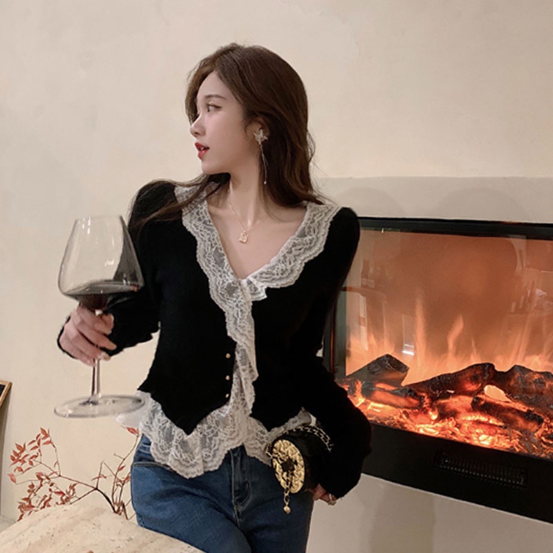 Áo Dệt Kim Phối Ren Phong Cách Hàn Quốc Thời Trang Cho Nữ