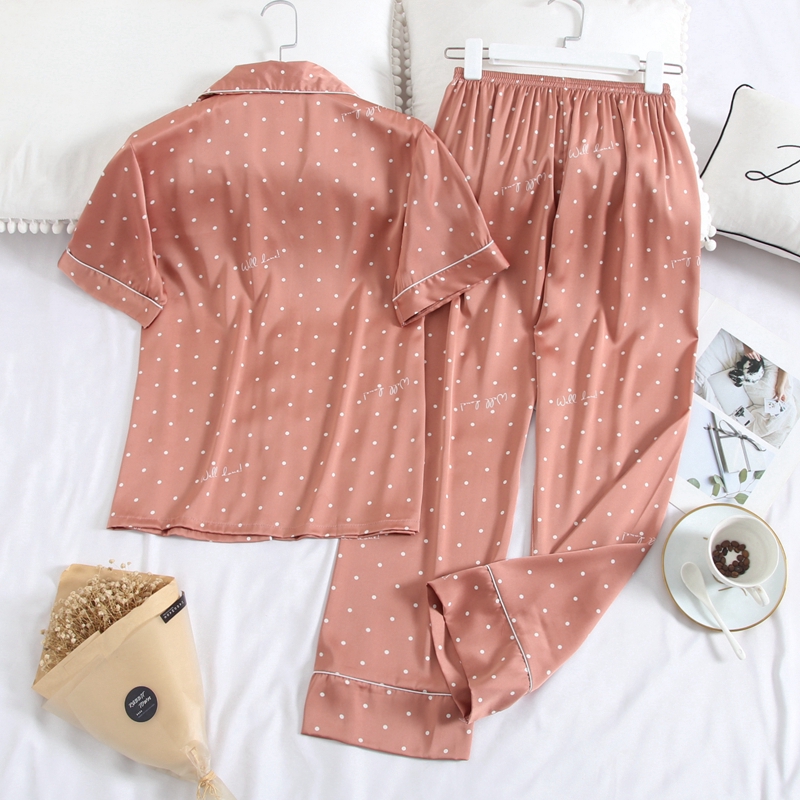 Set đồ ngủ gồm ngắn tay và quần dài lụa lạnh chấm bi thời trang mùa hè cho nữ