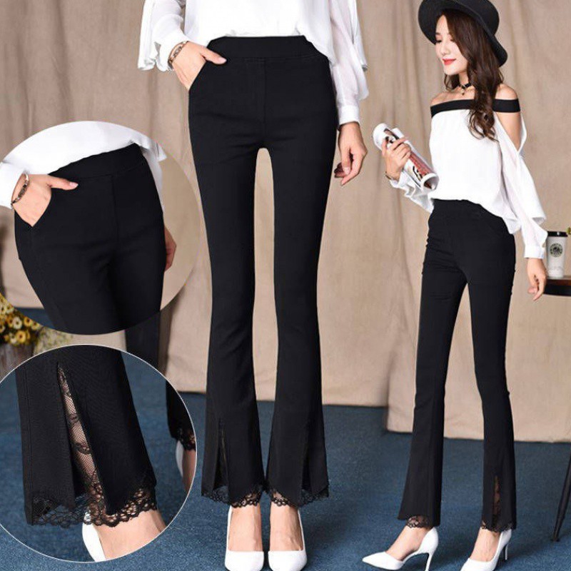 READY STOCK Women Flared Lace Pants Split High Waist Elastic Wide Leg Pants