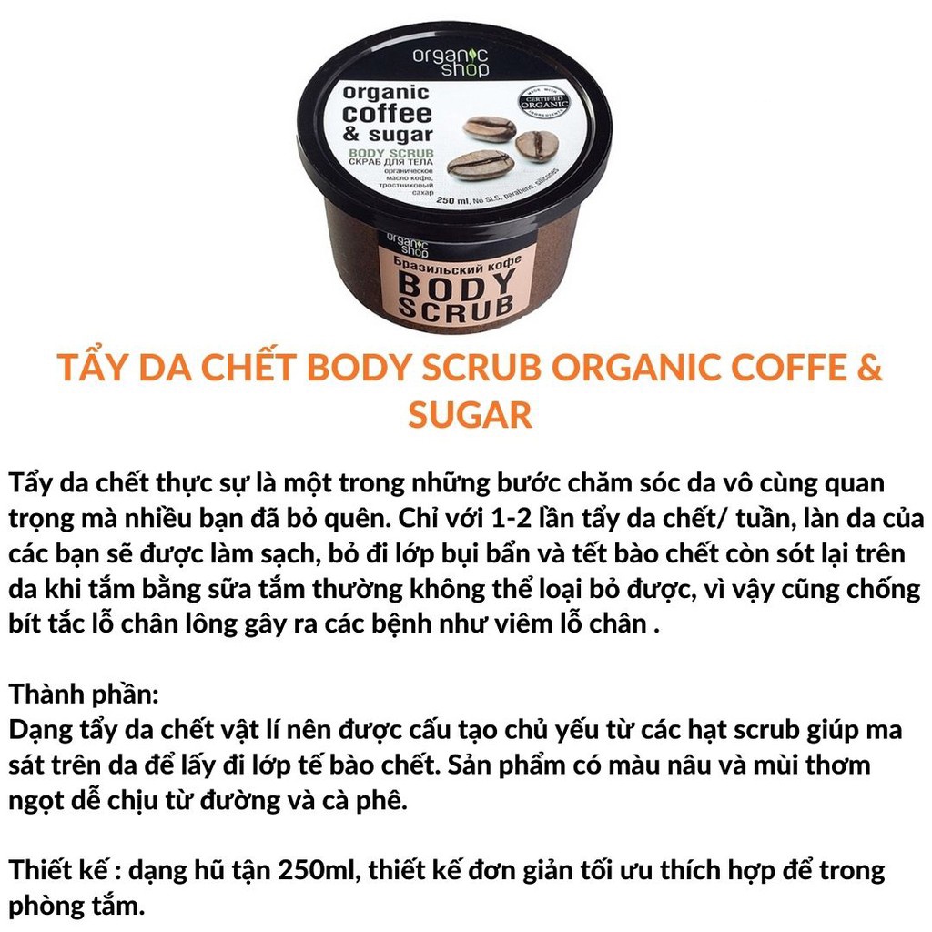 Kem tẩy da chết body Organic Shop coffee, dưỡng sạch da trắng sáng tự nhiên, an toàn | TM052