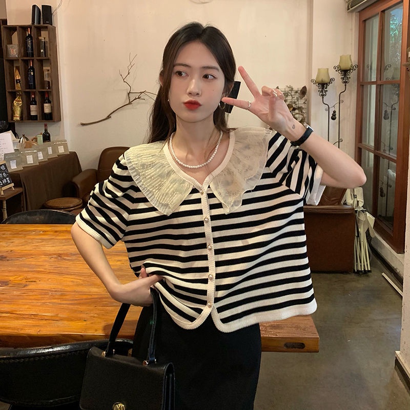 Áo Thun Ngắn Tay Cổ Búp Bê Phối Lưới Kẻ Sọc Phong Cách Hàn Quốc Cổ Điển Thời Trang Cho Nữ