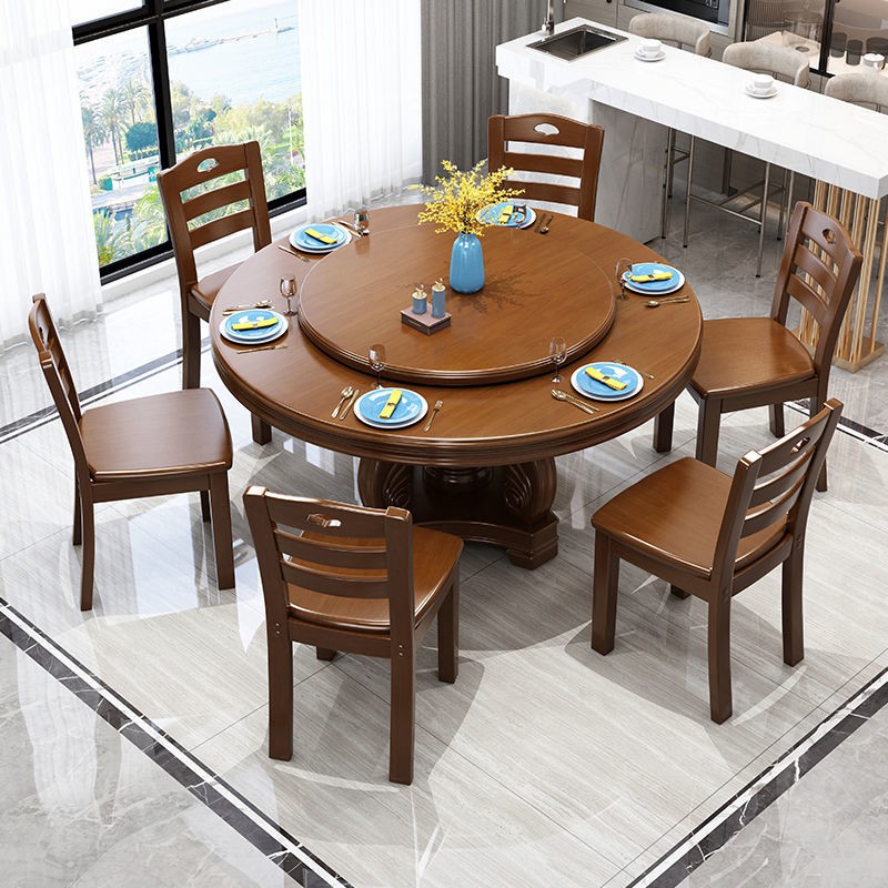 [Bàn mạt chược] Chunhuaqiuyue bàn ghế ăn gỗ nguyên khối kết hợp tròn phòng khách tối giản hiện đại hộ gia đình c