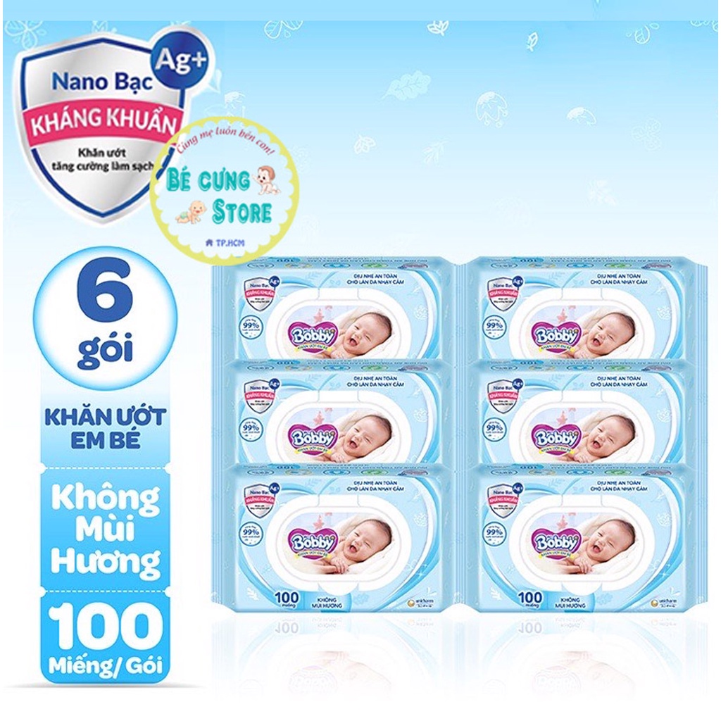 Bộ 6 gói Khăn ướt Bobby không mùi 100 tờ/gói (Xanh)