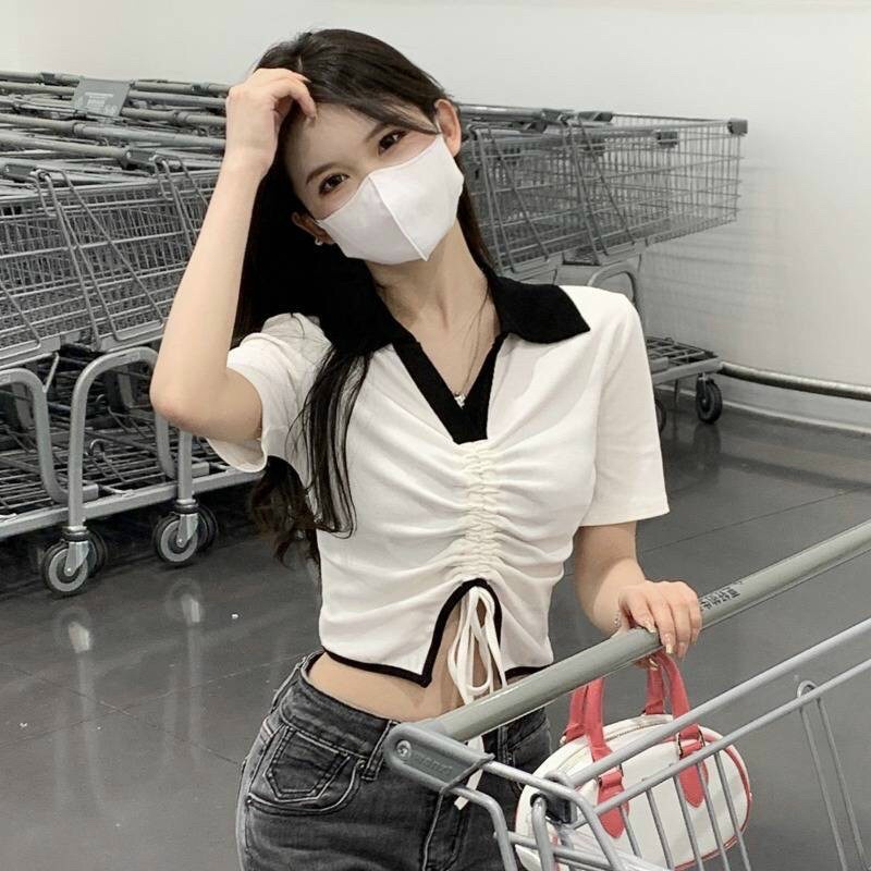 Áo kiểu croptop tay ngắn polo phối chít siêu xinh