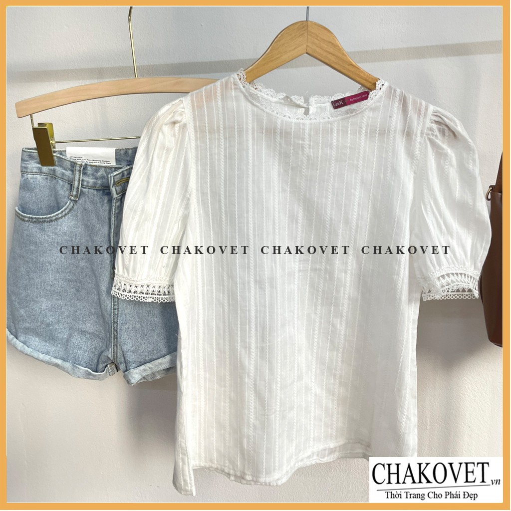 Áo sơ mi nữ cộc tay Chakovet, kèm ảnh thật, mẫu áo kiểu nữ Cổ ren tay bồng màu trắng - CA027 freesize &lt;47kg