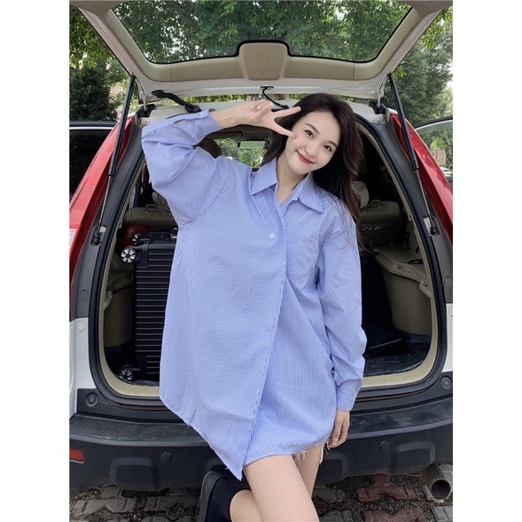 Set áo vest gile có đai thắt và áo sơ mi kẻ sọc xanh free size phong cách Hàn Quốc | BigBuy360 - bigbuy360.vn