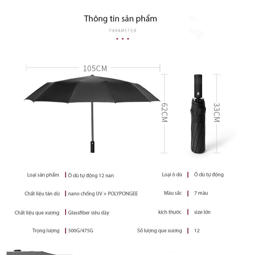 Ô Dù Che Mưa Đi Nắng Tự Động Xếp Gấp Gọn 12 nan wf-008  Cát Thái