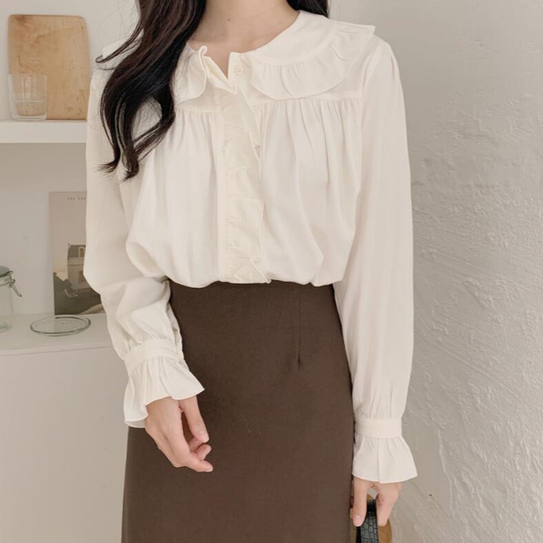 Set Áo Sơ Mi Tay Dài Màu Sắc Đơn Giản + Chân Váy Lưng Cao Xẻ Tà 31964