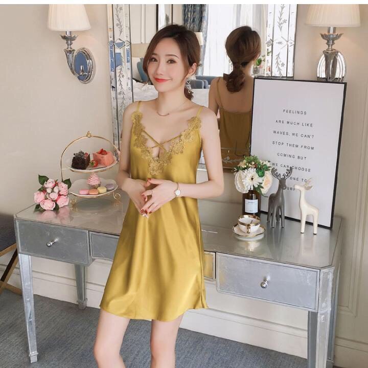 Đầm Ngủ Mặc Nhà Lụa Satin Hisexy Không Mút Ngực MD06